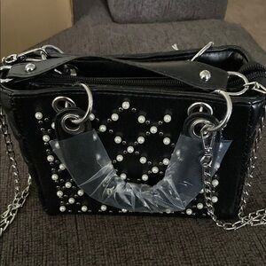 Black Studded Handbag with Chain Straps